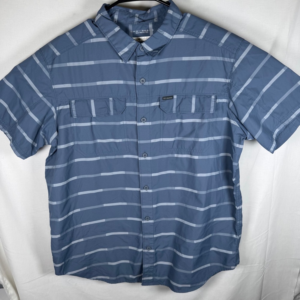 Columbia Button Down Shirt Mens Large Blue Striped Omni-Shade Short Sleeve - Picture 1 of 8